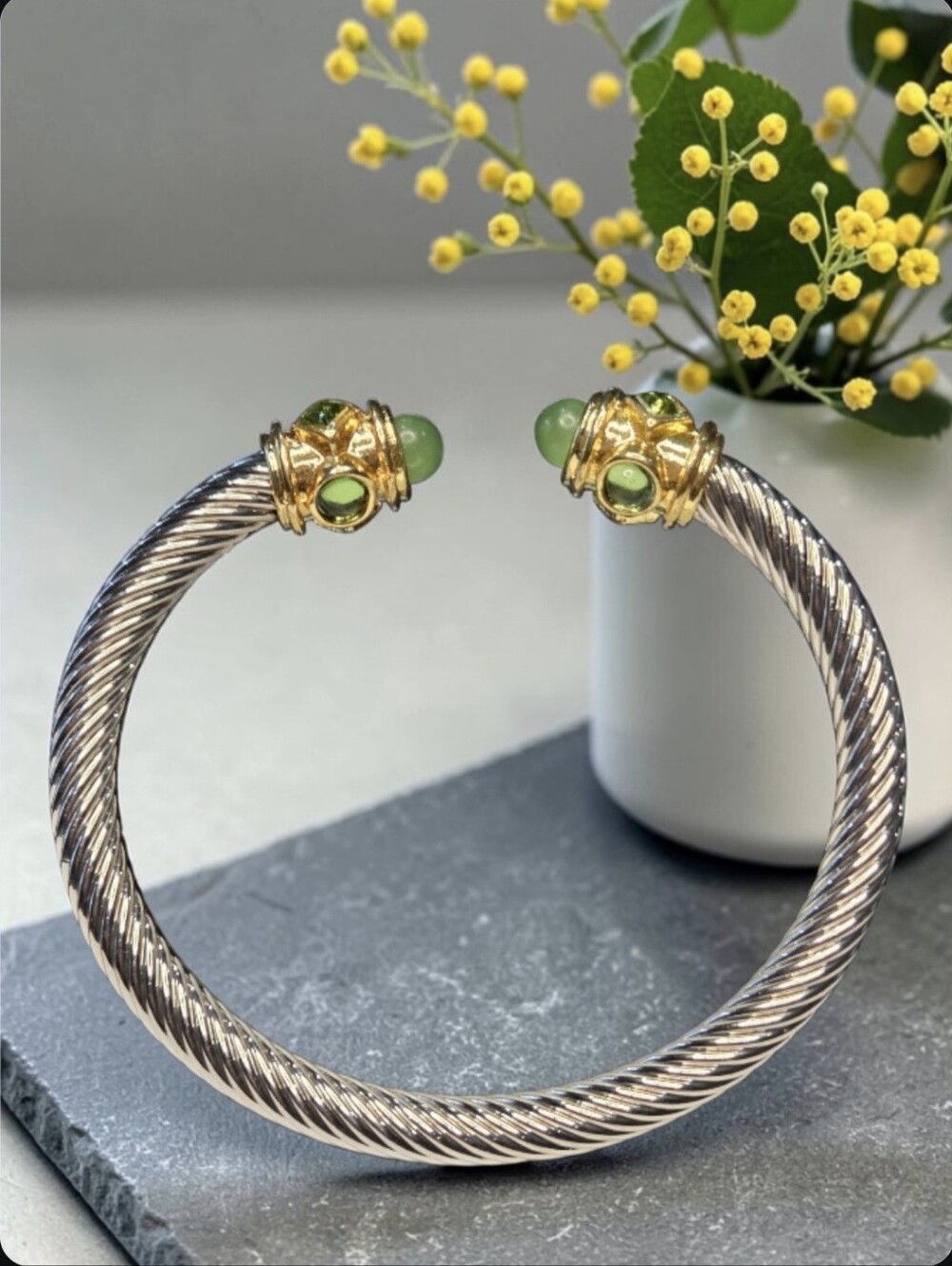 Luxury 18k Gold Silver Plated Stainless Pastel Green Twisted Cable Cuff Bracelet